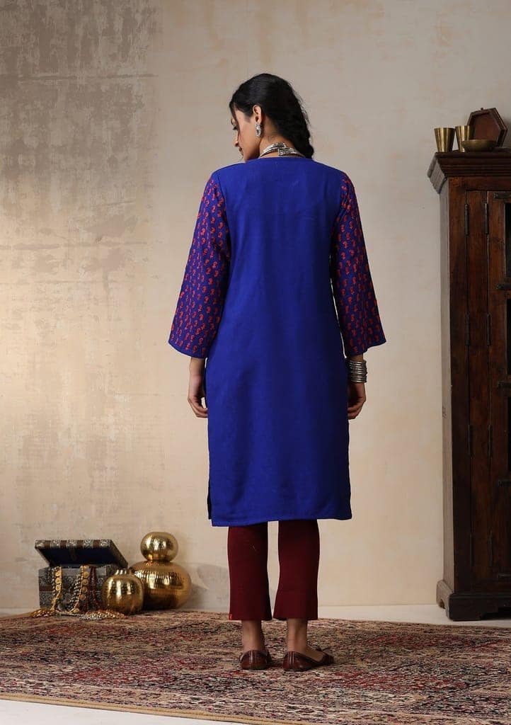 HOC Crafts Aari Embroidered Woollen Solid Women's Long Kurta - Royal Blue view 7
