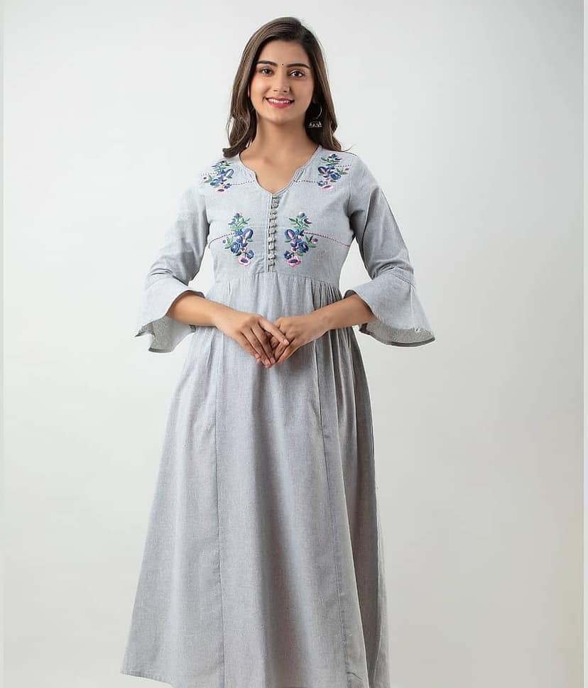MAUKA - Silver Cotton Women's Flared Kurti ( Pack of 1 )