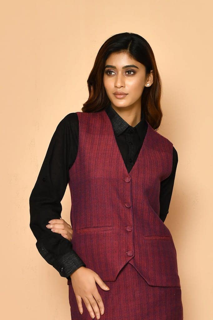 Red V-neck Handloom Cotton Jacket view 3