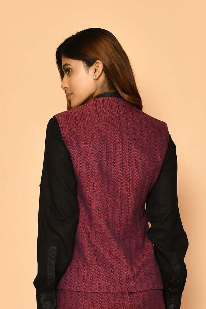 Red V-neck Handloom Cotton Jacket view 7