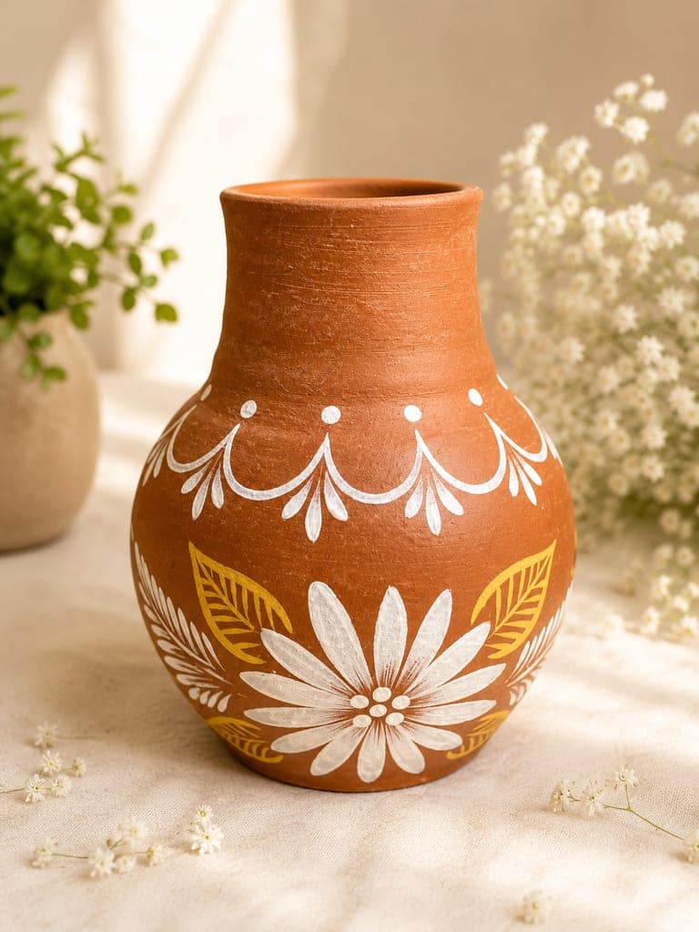 Hand-Painted Terracotta Vase with Floral Motif view 2