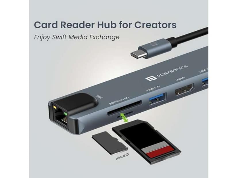 Portronics Mport 8 USB-C USB Hub/Docking Station(8-in-1) with 4K 30Hz HDMI, 100 Mbps Ethernet, USB 3.0, microSD/SD Card Reader, Type-C Data, PD Charging, USB 2.0, Type-C Plug for Laptop, Mac, PC view 4