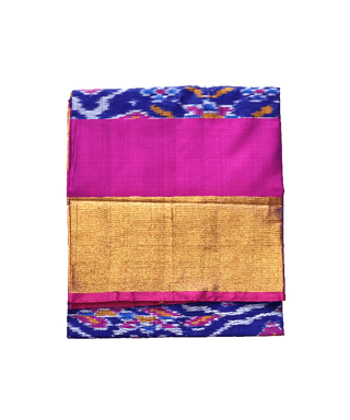 Handloom Royal Blue Ikat Uppada Pattu Saree, Magenta Border, Gold Zari Pallu