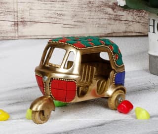 ARTVARKO Brass Auto Rickshaw Multicolor Gemstone Handwork Statue Home Decor Showpiece Gift.