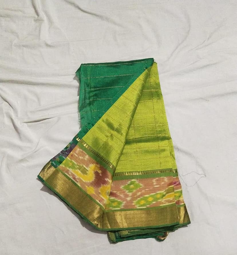 POCHAMPALLI SAREE BORDER COTTON/PATTU Green and gold silk saree with zari border view 3