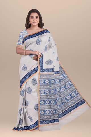 White Mugal Floral Handwoven Hand Block Print Sausar Silk Saree SKU-AS10003