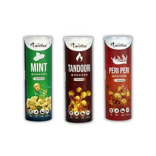 Twirtles Makhana Pack of 3 - Mint, Tandoori, Peri Peri (3 x 75g) - Flavor Fiesta! - 225 gm - Three cans of flavored makhana