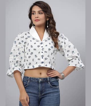 Juniper Women Printed Cotton Blend Shirt ( White )