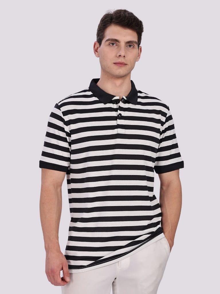 Puff Cotton Black & White Striped Polo