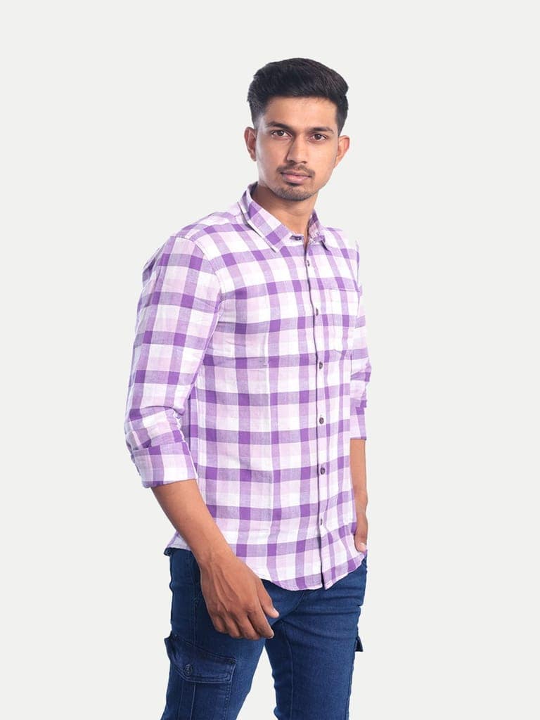 Men Violet Checked Regular Fit Casual cotton Shirt view 2