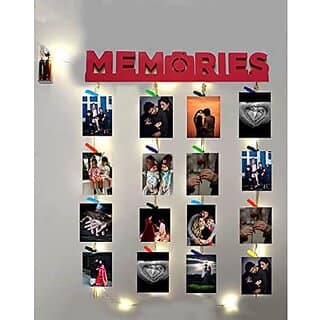 Khush Its Amazing Home Decor Wood Pink Memories With LED Light Hanging Photo Display, DIY Picture Photo Frame Collage Set Includes Multi colour Clips