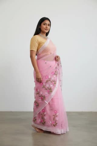 Rose Pink Kota Doria Cotton-Silk Saree with Block-Printed Florals