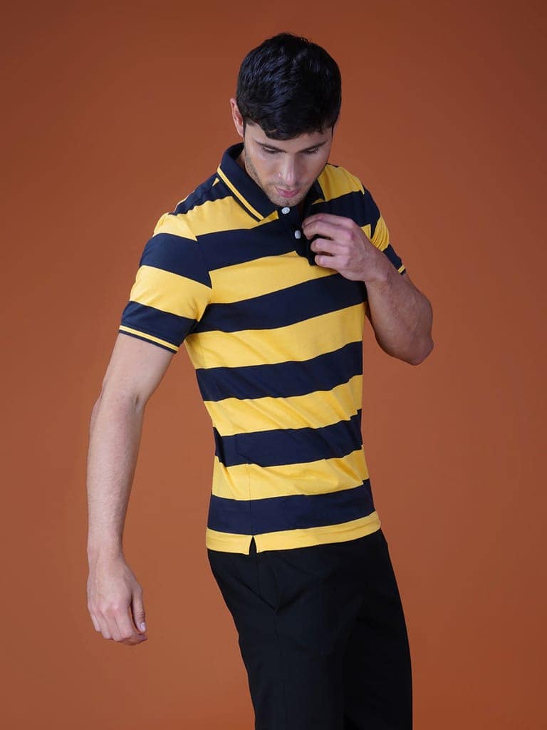 Men's Stripe Polo T-shirt Navy-Yellow view 3