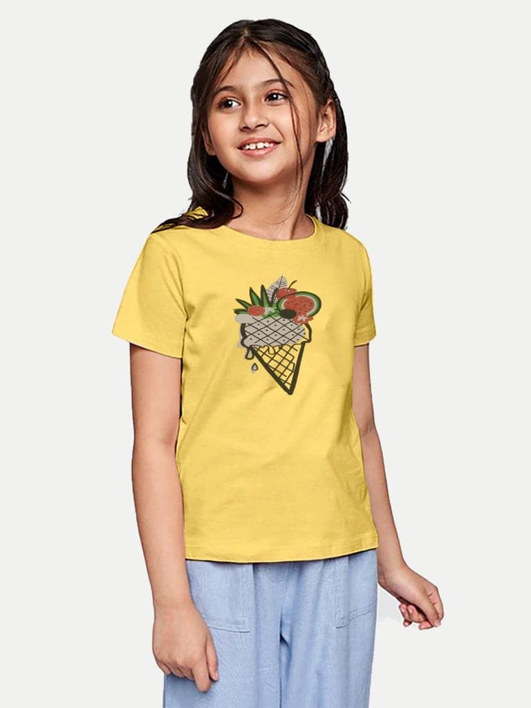 Girls Yellow Printed Crew Neck T-shirt with Frill-detail view 3