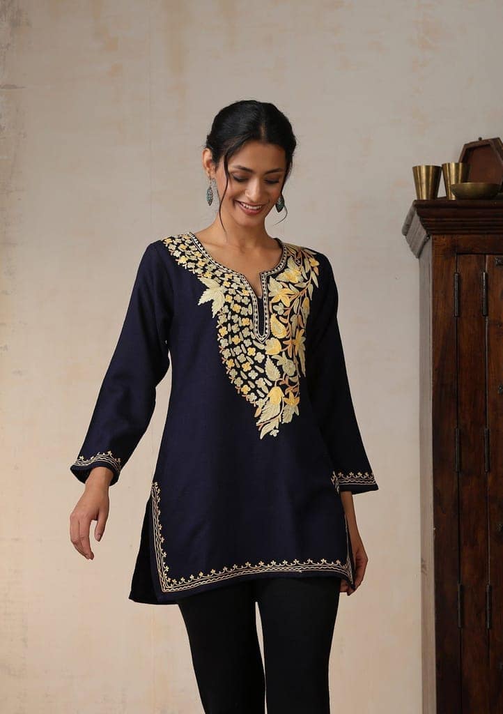 HOC Crafts Aari Embroidered Woollen Solid Women's Short Kurta - Navy Blue view 2