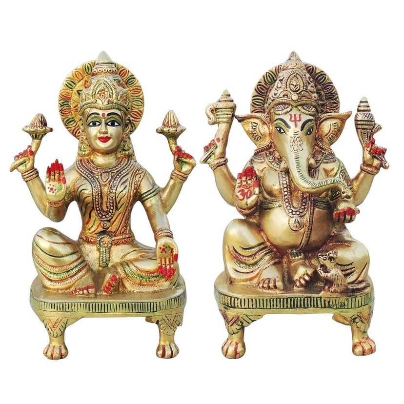 Brass Laxmi Ganesh Pair God Idol | Diwali Puja Murti Set, Height : 9.5 Inch (BSMAS1285) view 2