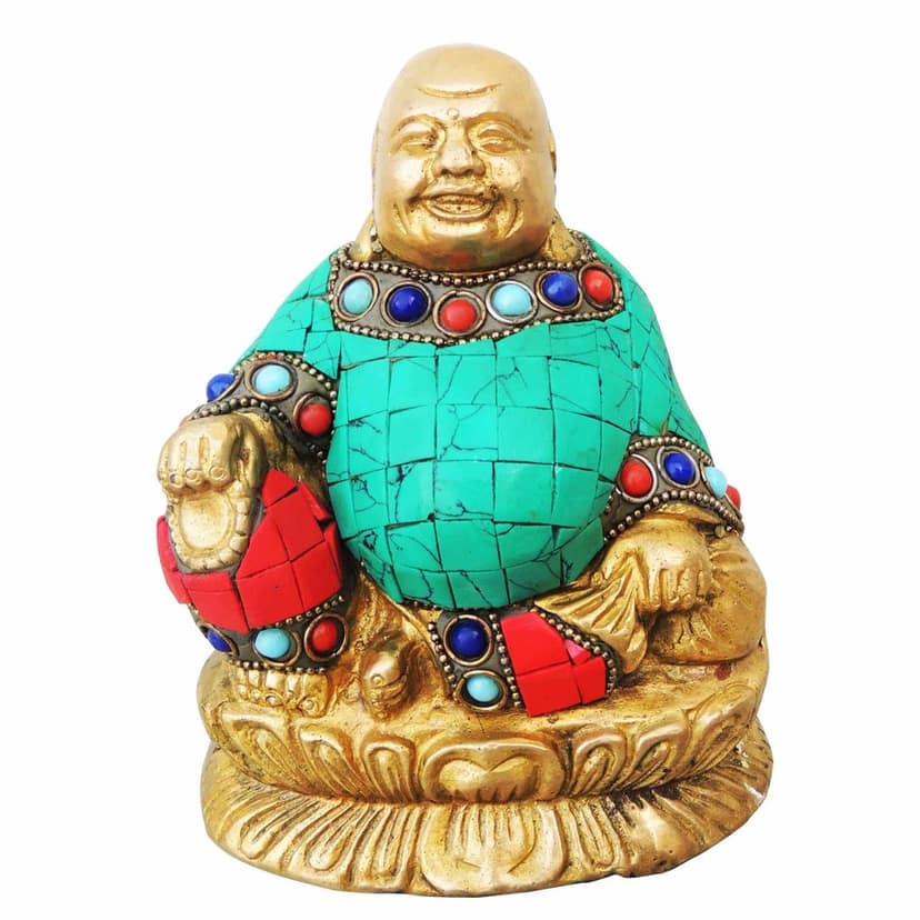 Brass Turquoise Stone Laughing Buddha Idol - Home Decor Statue, Height : 5.2 Inch (BSMAS325 D) view 2