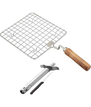 Combo Pack of 3 ,Stainless Steel Roaster with Wooden Handle & Gas Lighter plus1 Knife | Multipurpose Papad Jali, Roti Grill, and Chapati Roaster for Gas Stove