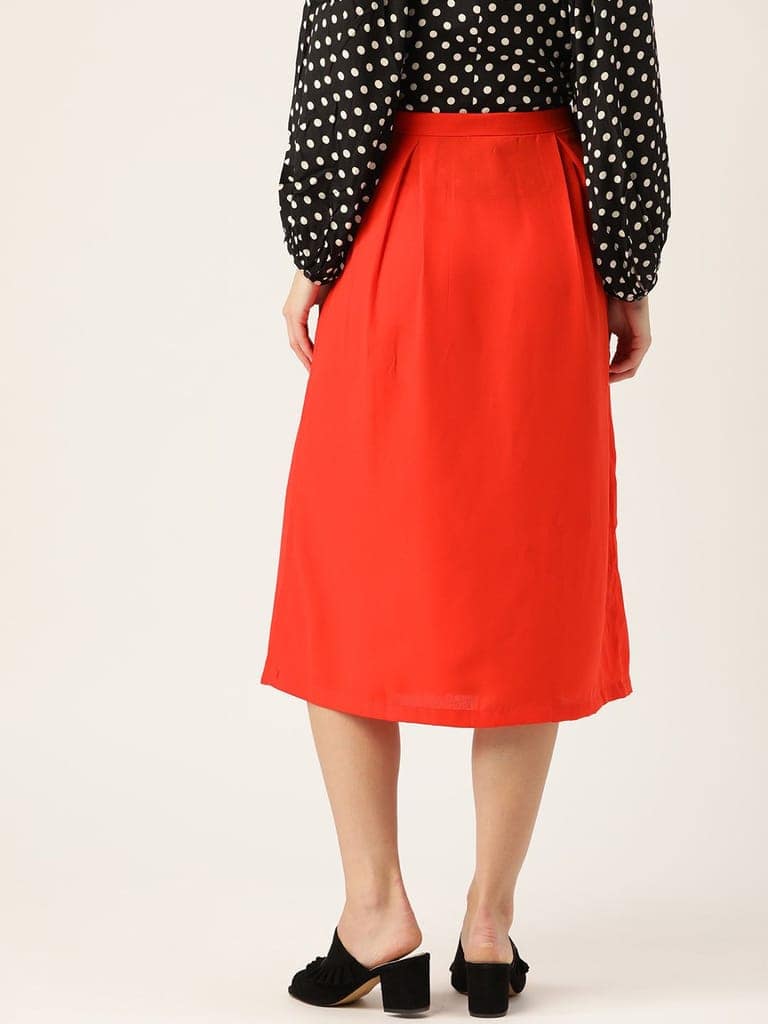 Women Red Solid Midi A-line Skirt view 3
