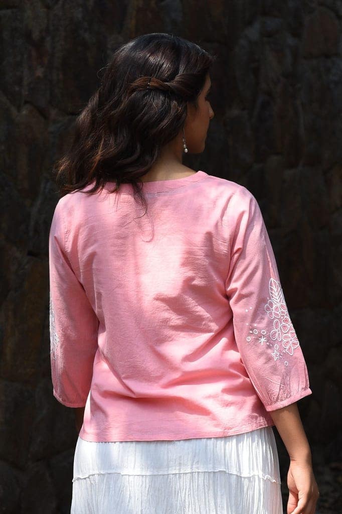 Nargis Pink Kashmiri Crewel Hand Embroidered Cotton V-Neck Top view 4
