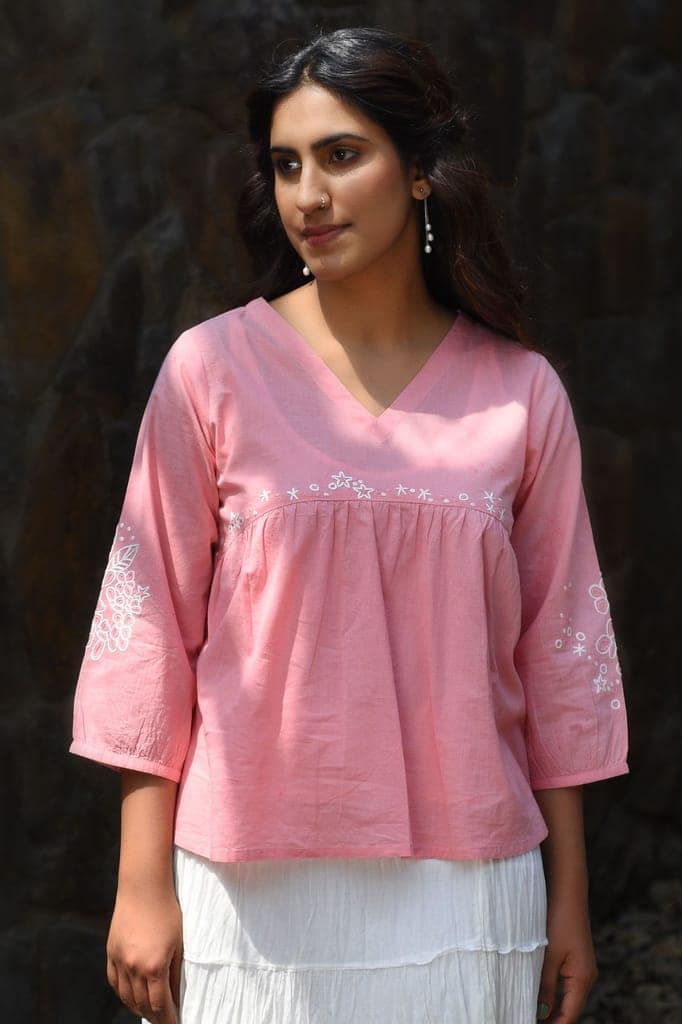Nargis Pink Kashmiri Crewel Hand Embroidered Cotton V-Neck Top view 6