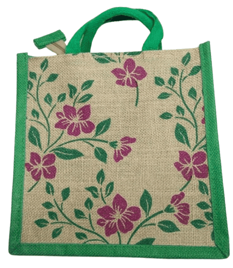 Green Jute Tote Bag with Floral Print