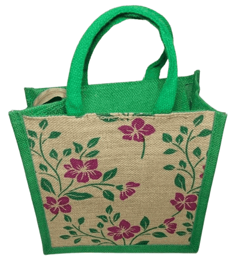 Green Jute Tote Bag with Floral Print view 2