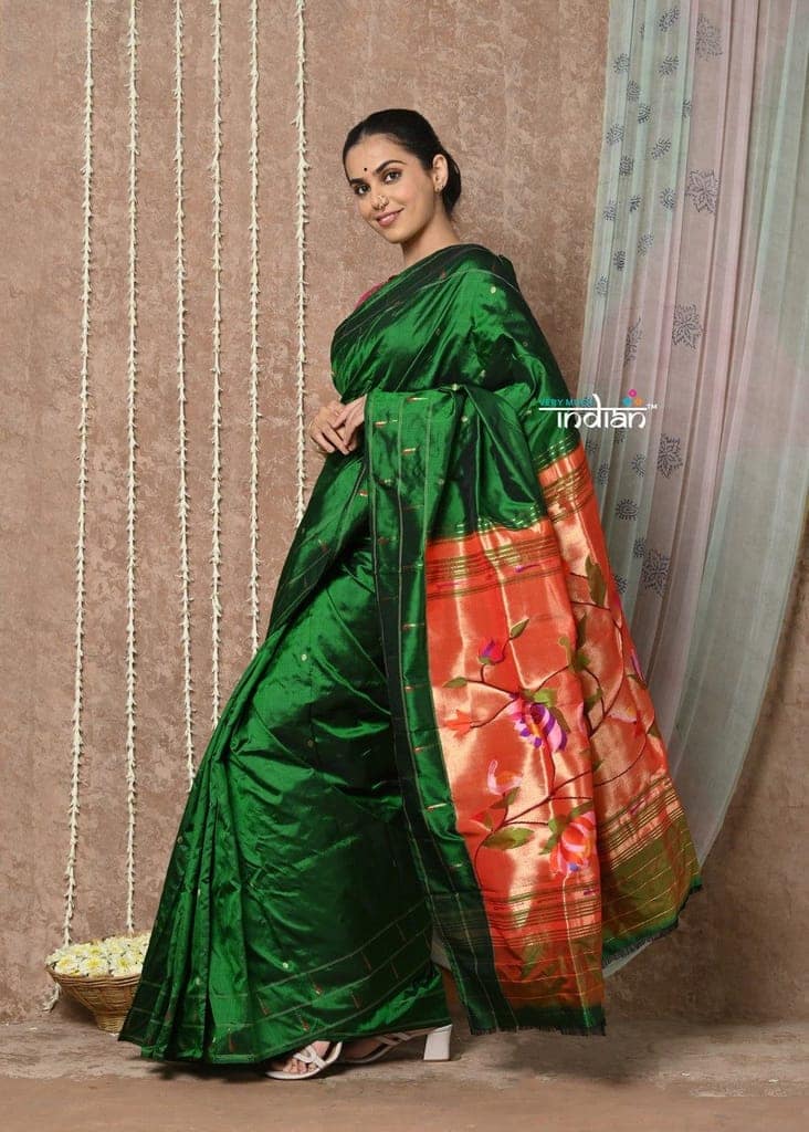 Tyohaar ~ Handloom Pure Silk Green Muniya Border Paithani Saree with Handcrafted Floral Pallu ~ Royal Green view 2