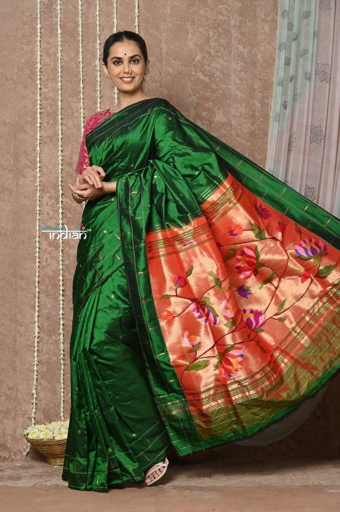 Tyohaar ~ Handloom Pure Silk Green Muniya Border Paithani Saree with Handcrafted Floral Pallu ~ Royal Green view 3