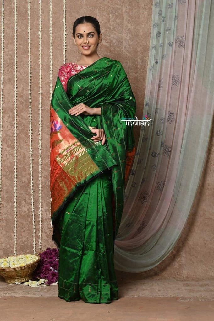 Tyohaar ~ Handloom Pure Silk Green Muniya Border Paithani Saree with Handcrafted Floral Pallu ~ Royal Green view 5