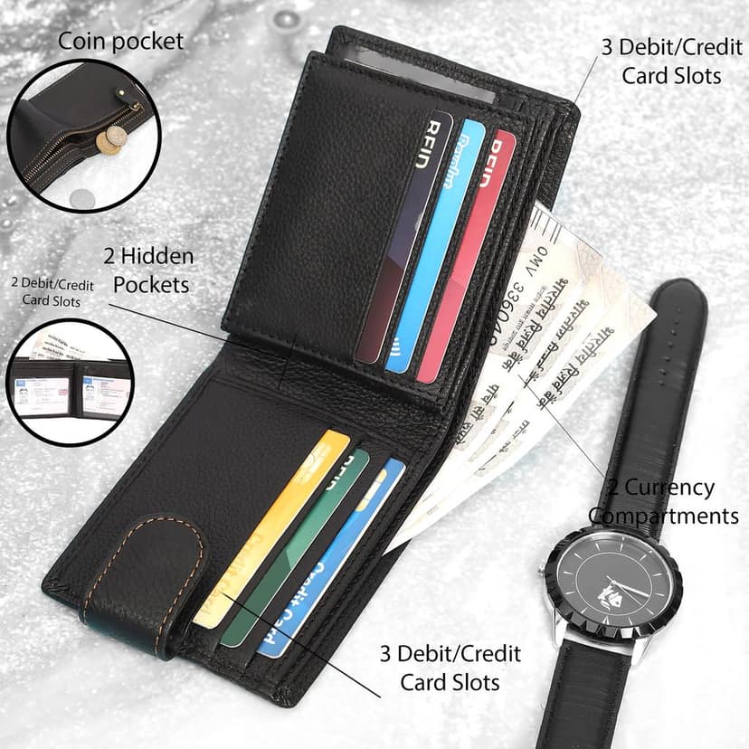 Vital King Men Travel Black Genuine Leather RFID Wallet (11 Card Slots) view 6