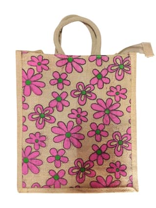 Hand-painted Pink Floral Jute Tote Bag Description. This beautiful hand-painted jute tote bag is the perfect way to carry your everyday essentials in style. The bag is made from durable jute material and features a spacious main compartment.