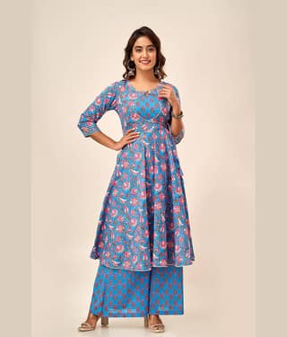SVARCHI Cotton Printed Anarkali Women's Kurti - Blue ( Pack of 1 )