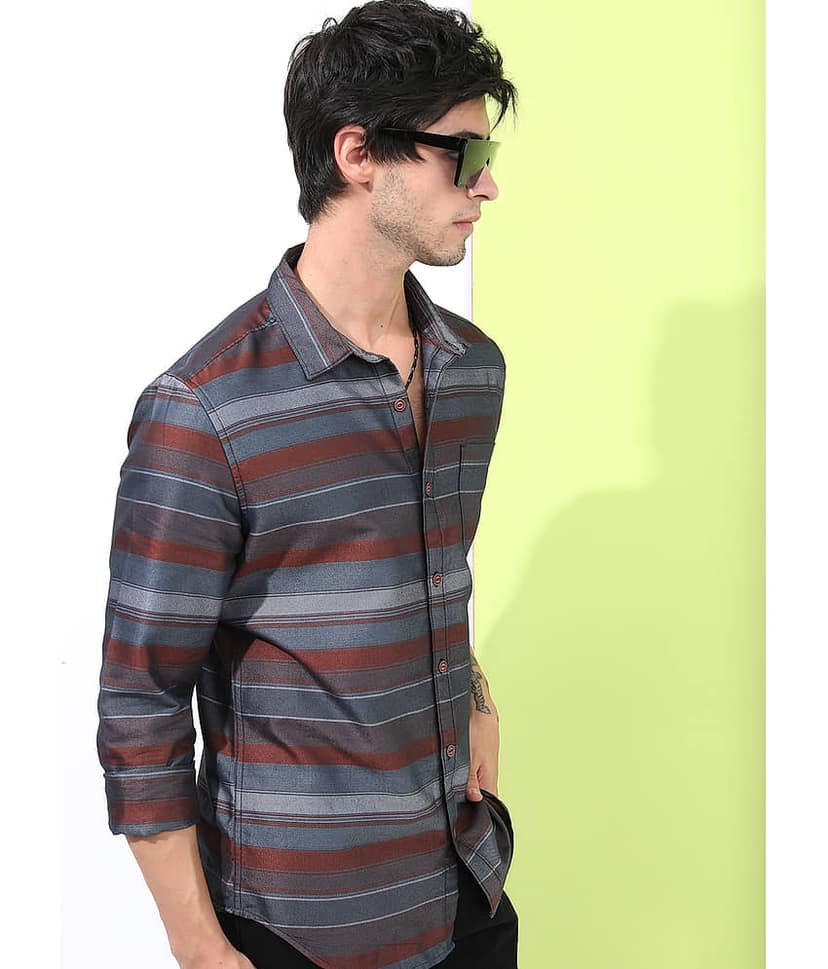 Highlander Cotton Blend Slim Fit Striped Full Sleeves Men's Casual Shirt - Brown ( Pack of 1 ) view 3