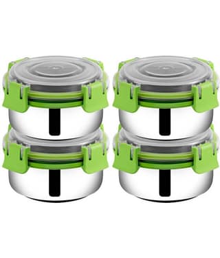 BOWLMAN Smart Clip Lock Premium Steel Green Food Container ( Set of 3 - 350mL each )