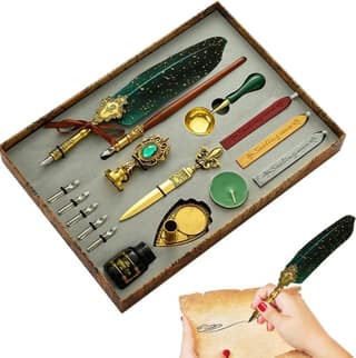 Quill Pen and Ink Set, Calligraphy Feather Pen with Wax Seal Stamp, Includes Feather Dip Pen, Ink, 5 Replacement Nibs, 3 Wax Seal Sticks,Pen Nib Base,Seal Stamp, White Wax,Spoon (Green)