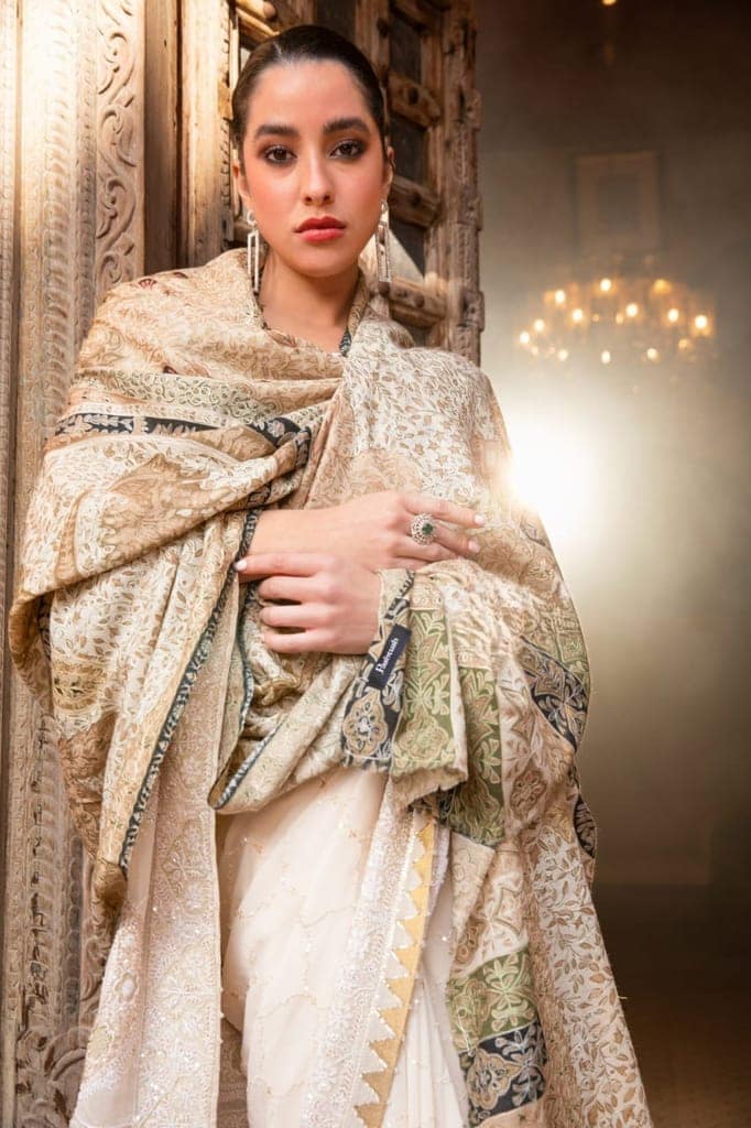 Beige and Green Floral Jacquard Pashmina Shawl view 3