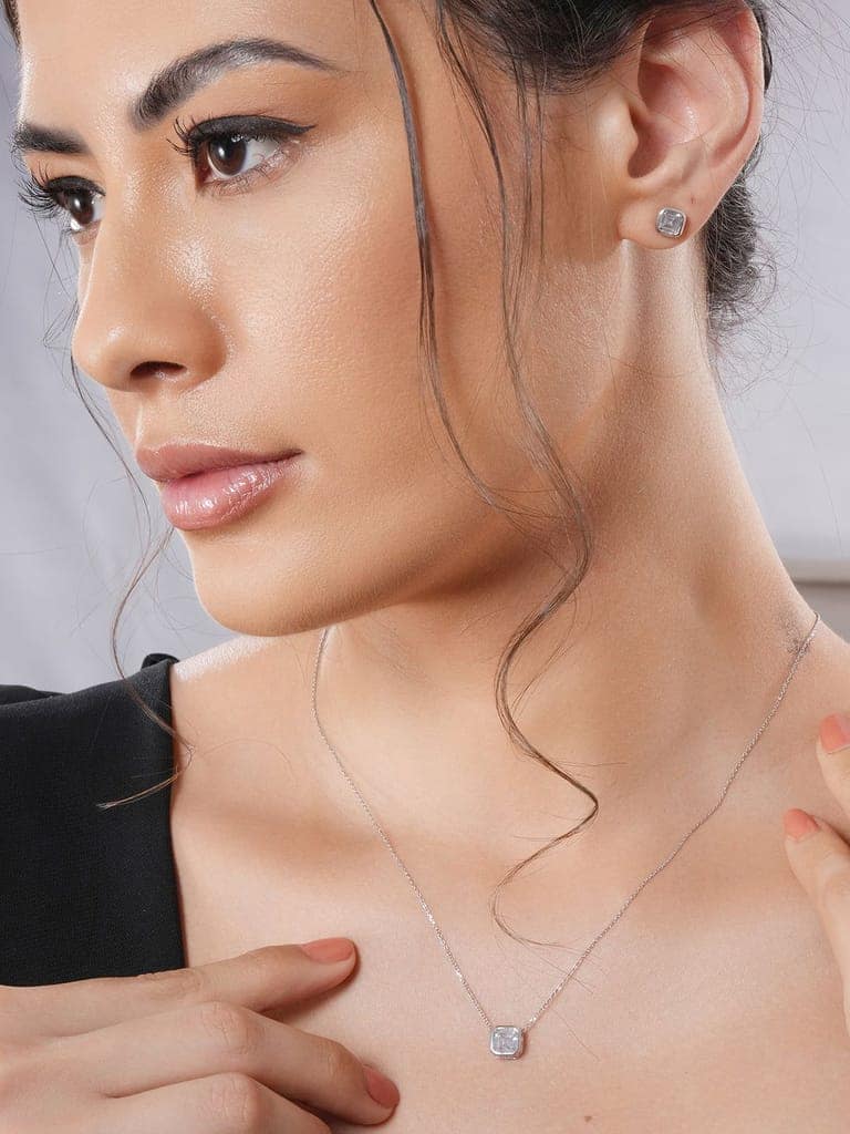 925 Sterling Silver AD Studded Geometric Halo Square Solitaire Locket Jewellery Set view 2