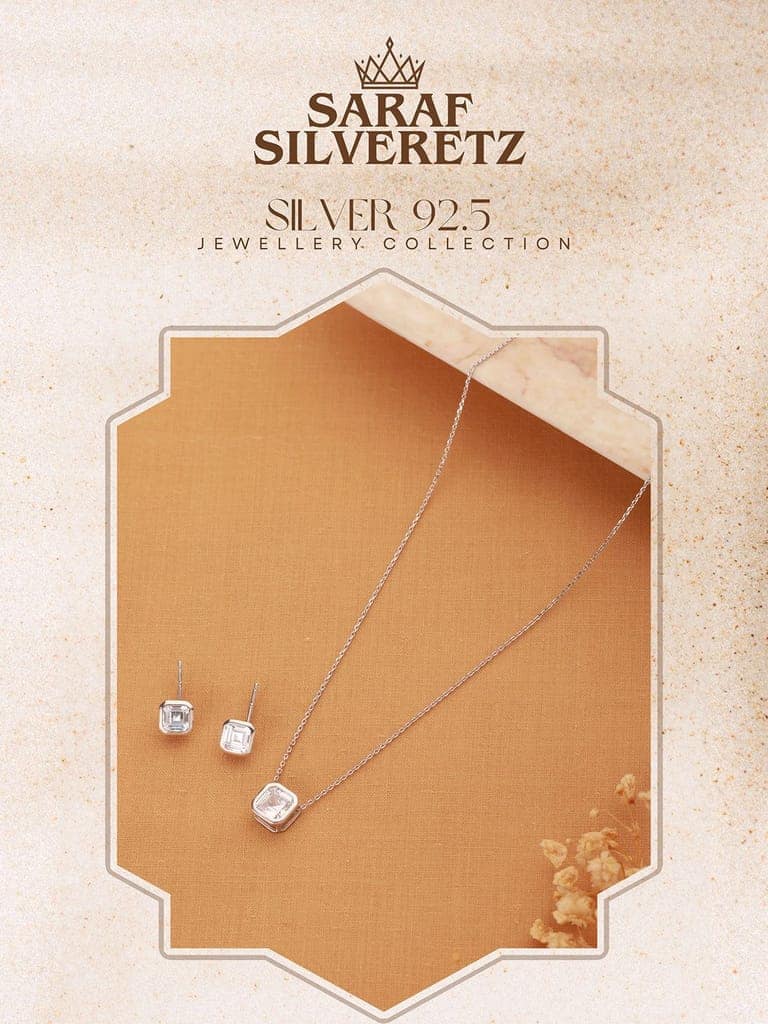 925 Sterling Silver AD Studded Geometric Halo Square Solitaire Locket Jewellery Set view 4