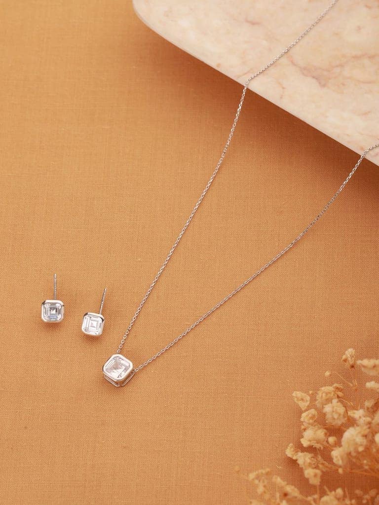 925 Sterling Silver AD Studded Geometric Halo Square Solitaire Locket Jewellery Set view 5