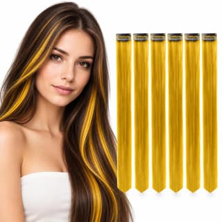 Paradise Clip in Colored Hair Streak Extensions for Women, 20 Inch Straight Hair Highlights, Golden, Instant Volume, No Damage, Heat Resistant Synthetic Fibre, Pack of 6 Paradise Clip in Colored Hair Streak Extensions for Women, 20 Inch Straight Hair Hig
