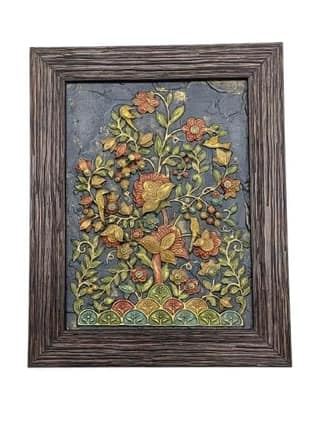Framed Floral Wall Art, Handcrafted Relief Sculpture, Blue Background with Multicolor Flowers, Wooden Frame Size(20 * 25cm)