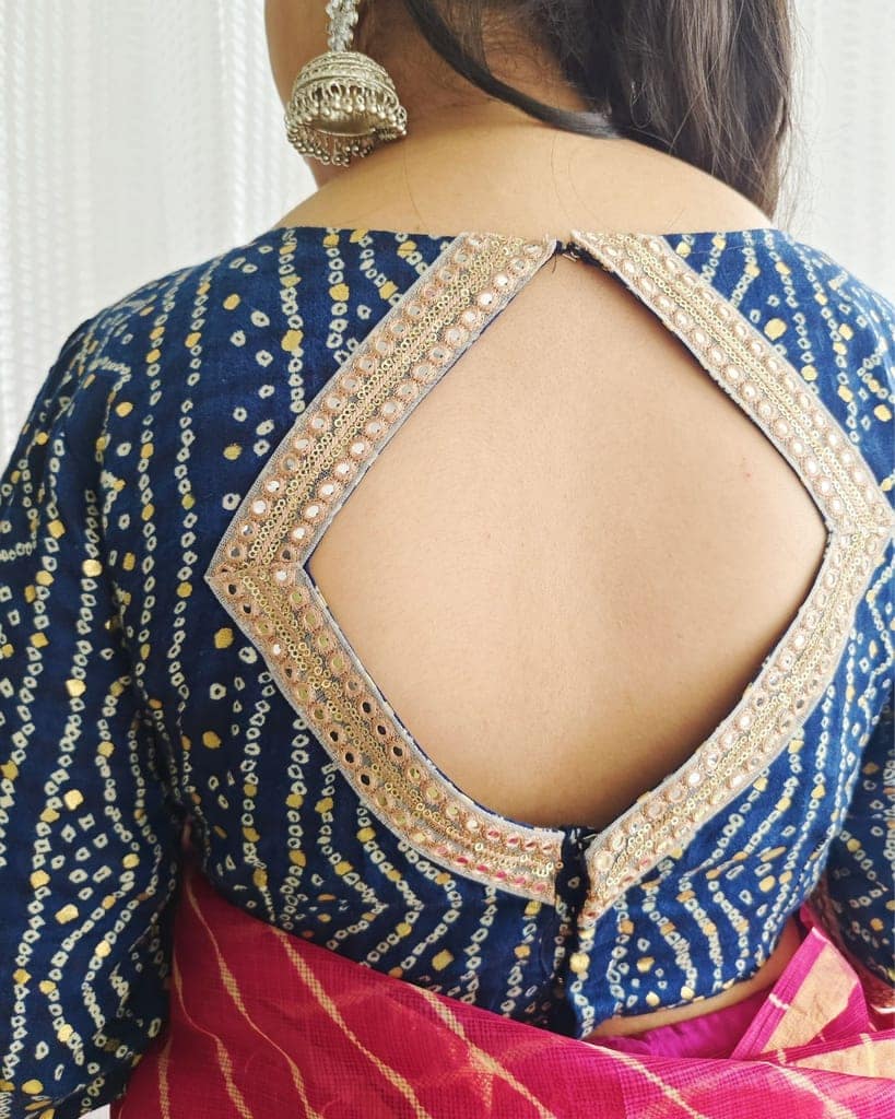 Crepe Silk Stitched Blouse Dark Blue Color Bandhej Design-7338 view 4