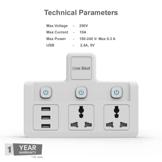 One Beat Cordless Extension Board with Individual Switch-Multi Plug Socket with 2 Sockets + 3 USB - Flex Board with Safety Shutter Protection view 2