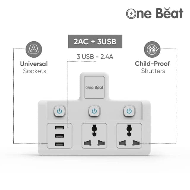 One Beat Cordless Extension Board with Individual Switch-Multi Plug Socket with 2 Sockets + 3 USB - Flex Board with Safety Shutter Protection view 3