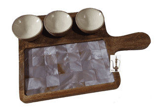 Sara Home Mango Wood Serving Chipdip/Dosa/Chees/Snacks Tray Printed Enamel Serving Platter with Handle Appetizer Plate Serving Platter With 3 Bowls