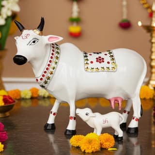 Aluminium Cow & Calf Statue ? Holy Kamdhenu Showpiece, Height : 11 Inch (ASMAS248 D)