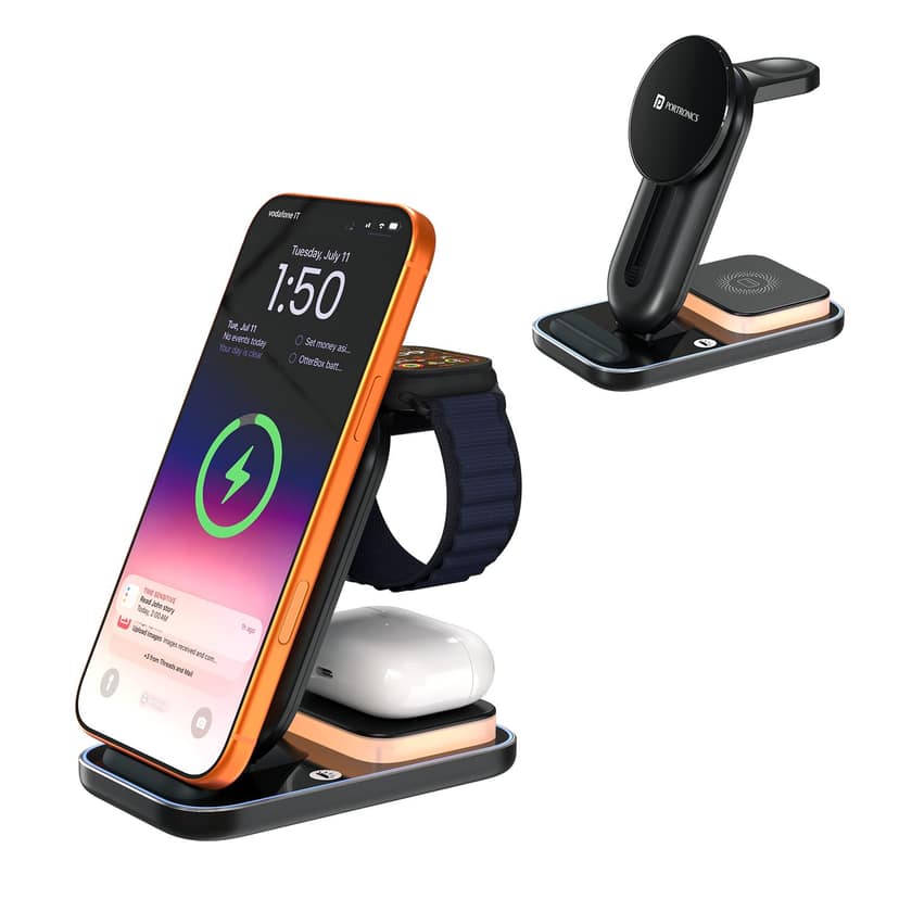 Portronics TriCharge Ultra 3-in-1 Wireless Charger, a versatile and organized charging station that lets you charge a compatible Qi-certified smartphone, wireless earbuds, and smartwatch simultaneously from a single compact setup - Black