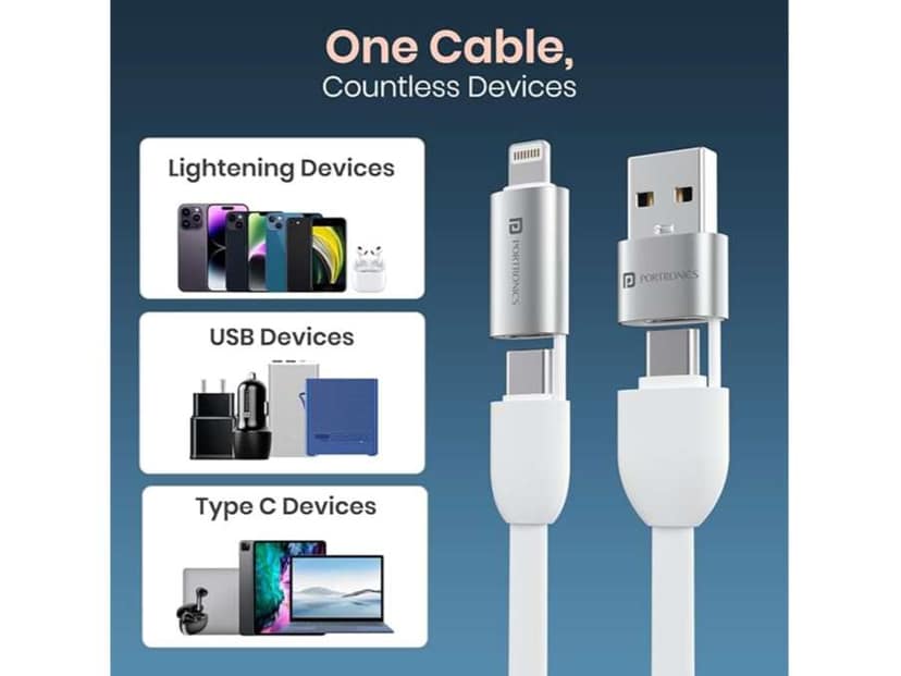 Portronics Keylink 4 in 1 60W Fast Charging, Metal + Rubber Heads, In Built Key Chain, 25cm Length view 3