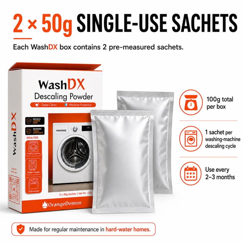 OrangeDemon WashDX Descaling Powder for Washing Machine - 100g (2 x 50g Sachets) view 5